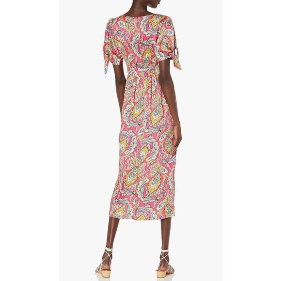 Cinq a Sept India Tie Cuff Dress 12 Pink Primrose Paisley V Neck Midi Maxi - Picture 2 of 8